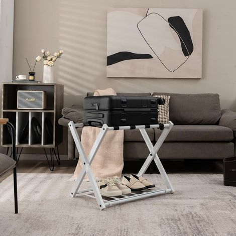 COSTWAY 2er Set Kofferstaender klappbar, Gepaeckablage mit 2-Stoeckiger Design, Kofferbock Gepaeckstaender Metall, Kofferablage für Schlafzimmer, Gaestezimmer, Hotel, Weiss