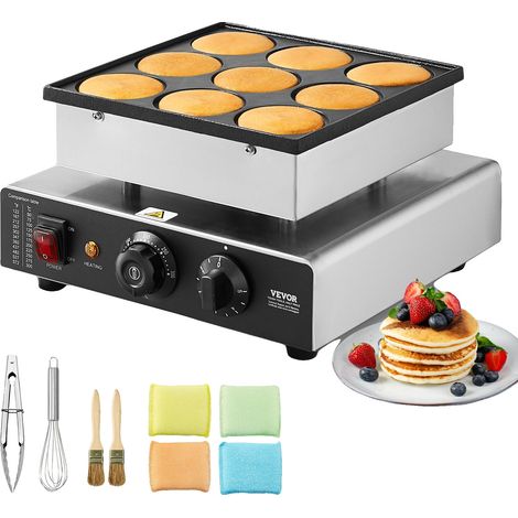 Máquina para hacer crepes holandesa, 9 piezas, 76 mm, parrilla eléctrica para poffertjes, 850 W, acero inoxidable, control de temperatura, 9 orificios (1/2)