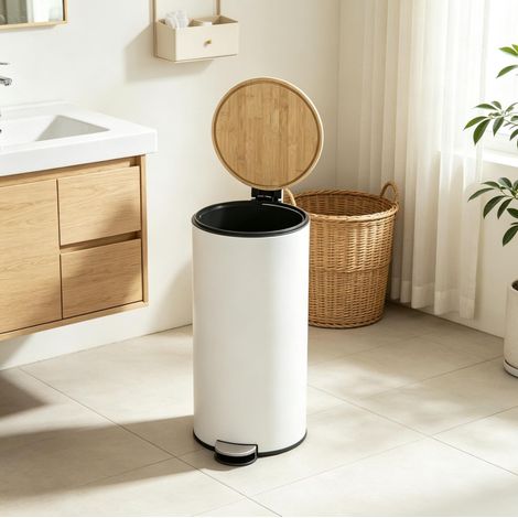 Poubelle de cuisine 30L 36x30x60,5 cm en métal et bambou blanc, soft-close pour cuisine FloraGrace (1/5)