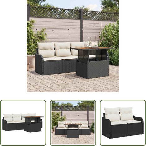 Gartentisch - Gartensofa-set mit Kissen 5 pcs Schwarz und Creme Poly-Rattan (1/5)