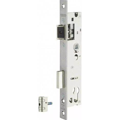 Boitier de serrure encastrable à cylindre pour menuiserie métallique, axe 26mm, inox, bouts carrés (1/2)