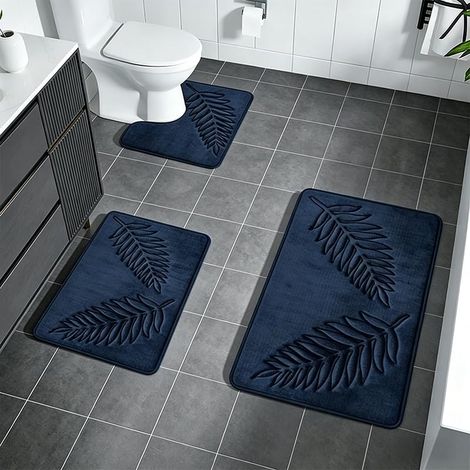 Lot de 3 tapis de salle de bain - Antidérapant - Doux et absorbant - 40 x 60 cm - Tapis de bain 40 x 50 cm - Petit tapis de bain 50 x 80 cm - Bleu (1/5)