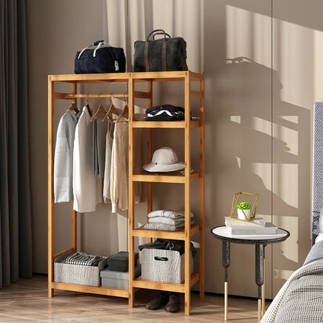 Garment Hanging Stand Rack Hat Clothes Rail Wooden Shoe Storage Shelf w/ Curtain (1/5)