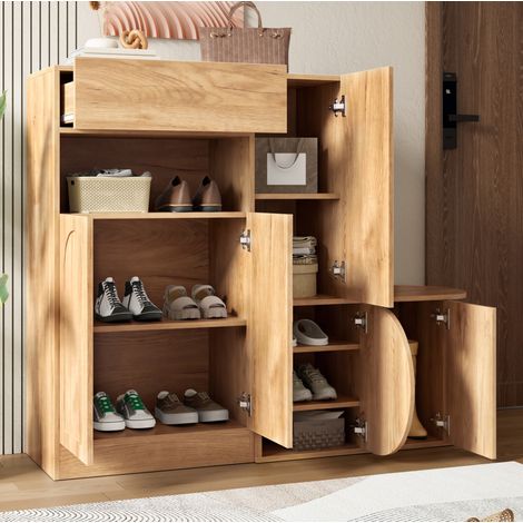 Scarpiera da ingresso 130x35x110,5 cm con panca, 1 cassetto, 5 ante e nicchia aperta, in MDF naturale (1/5)