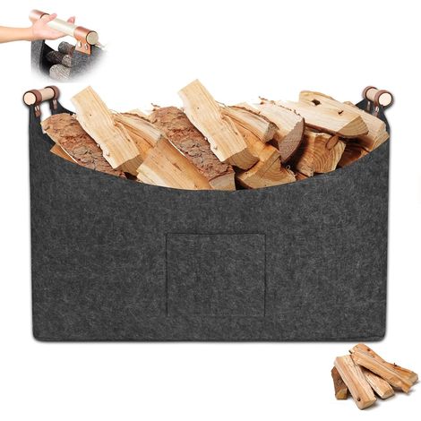 XXXL 100 Litre Wood Basket for Firewood, 60 x 40 x 40 cm, with Non-Slip Handles and Front Pocket, Foldable, Felt for Groceries, Newspapers or Firewood (1/5)