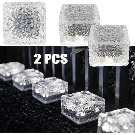 Lot de 2 lampes solaires pour pavés en verre, lumière blanche froide, détecteur de luminosité marche/arrêt, lampe solaire étanche, projecteur de sol pour extérieur, jardin, allée, 7 x 7 x 5 cm (1/5)