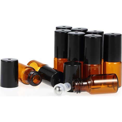 10 braune Glas-Rollflaschen (3 ml) für ätherische Öle, Edelstahlkugel