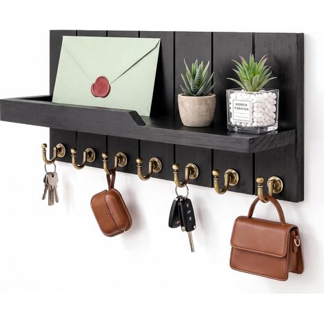 Porte-clés avec étagère en bois - Porte-clés en métal avec 7 crochets - Montage mural - Rangement moderne pour clés - Pour décoration de couloir et entrée - Bois massif de pin (1/5)