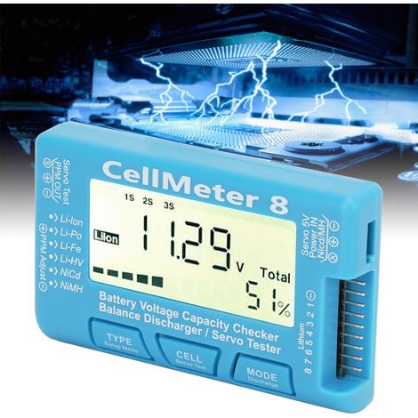 Cellmeter 8 - Digitaler Kapazitäts- und Spannungstester für LiPo-, LiFe-, Li-Ion-, NiMH- und NiDD-Akkus mit großem, hintergrundbeleuchtetem LCD-Bildschirm. (1/5)
