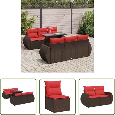 Gartentisch - 7-tlg. Garten-Sofagarnitur mit Kissen Braun Poly Rattan Akazie (1/5)