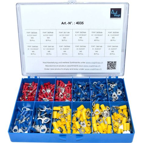 Vogt Verbindungstechnik 4035 Assortiment de cosses à oeillet 0.50 mm² 6 mm² rouge, bleu, jaune 505 pc(s)
