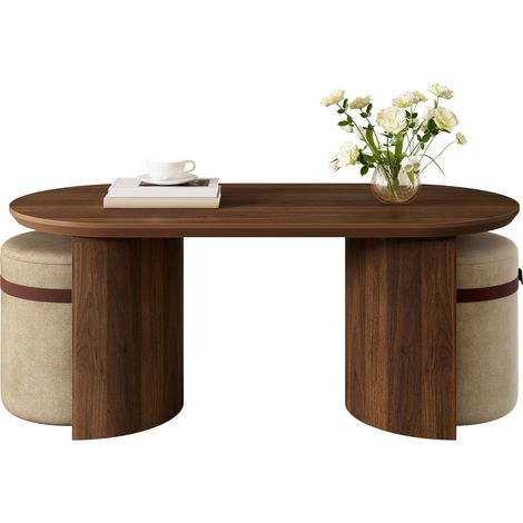 Table basse ovale avec 2 tabourets, ensemble de salon 3 pièces en MDF et bois foncé, table d’appoint gain de place avec assises rembourrées CHICFURN (1/5)