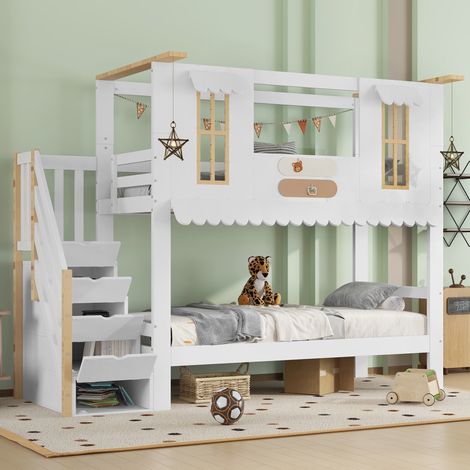Litera infantil 90x200 cm, Cama de juegos con escalera de almacenaje y ventanas creativas, de madera de pino macizo y MDF, Blanco y Natural (1/5)