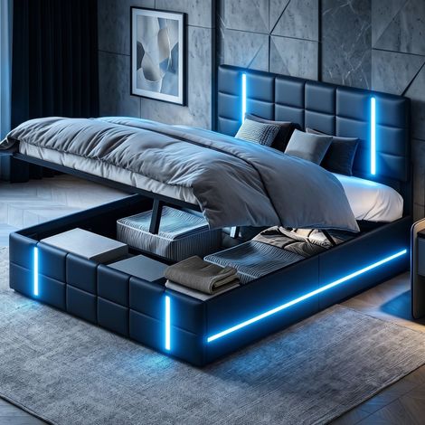 Letto matrimoniale 140x200 cm – Letto contenitore – Illuminazione LED RGB – 2 porte USB – Rete a doghe – Pelle nera (1/5)
