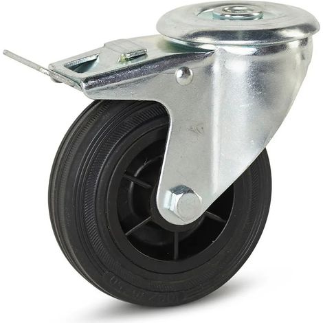 Roulette pivotante freinée - MESO - Caoutchouc - Trou central - 100mm - 100kg