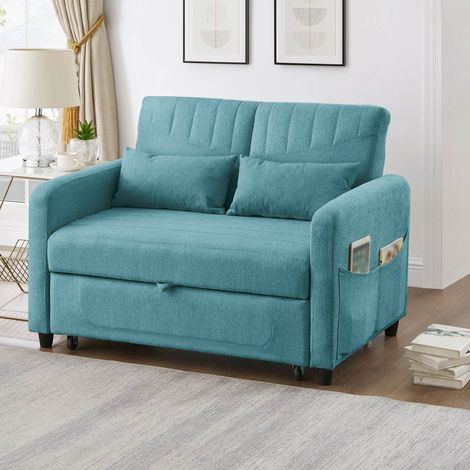 Canapé convertible 2 places bleu vert avec fonction lit, canapé clic-clac extensible avec dossier réglable 3 positions, tissu coton lin respirant, canapé-lit moderne pour salon ou chambre (1/5)