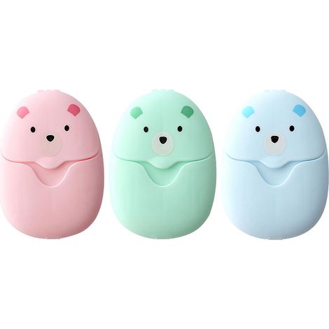 Portable, air-dryable soap in single packs, with a shelf life of 150 days, suitable for home, travel, outdoor, and bathroom use. Available in blue, green, and pink.