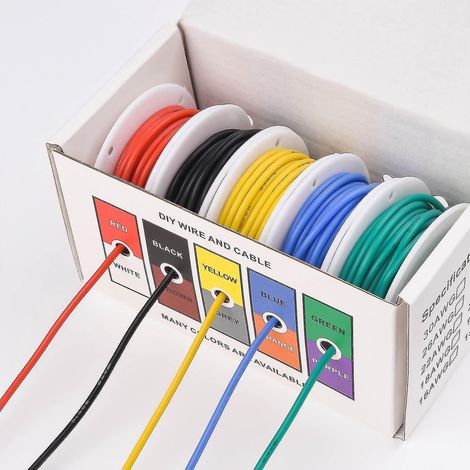 Kit de câbles électriques souples en silicone, fil de cuivre étamé multibrins de calibre 18 AWG, diamètre extérieur : 2,3 mm, 5 couleurs, 5 m (16,4 pi) par longueur, pour le bricolage. (1/5)