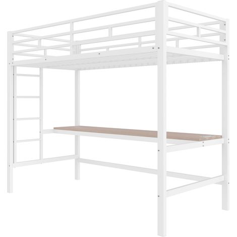 Lit mezzanine 90x200 cm, garde-corps, échelle, table avec USB et prise, bandeau LED pilotable, certifié EN747, métal, blanc, matelas non inclus (1/5)