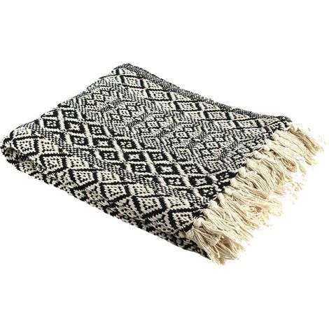 Plaid Jeté de Canapé 120x150cm Style Ethnique Noir et Blanc avec Franges (1/4)