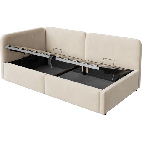 Letto divano 90x200 cm in velluto beige con contenitore idraulico MODENUIT (1/5)