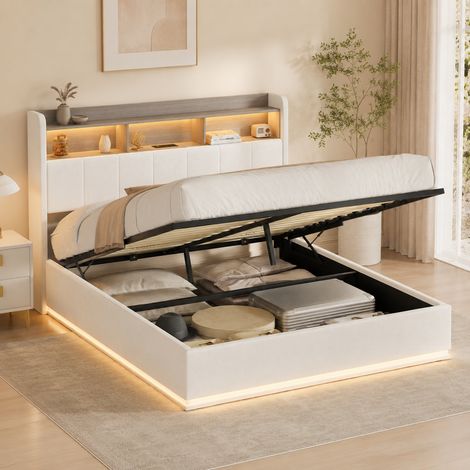 Lit double coffre 160 x 200 velour Beige - Tête de lit capitonnée avec rangement - Éclairage LED coloré - Ports USB et Type-C - Sommier à lattes (1/5)