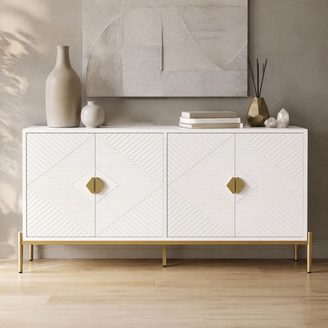 Aparador moderno (162x40x80 cm), con 4 puertas, gran capacidad, patas metálicas, MDF y tablero de partículas, blanco (1/5)