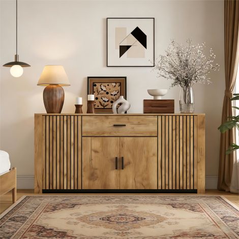 Buffet 160x40x75 cm - 4 portes et 1 tiroir - Étagères réglables - Finition bois - Panneaux de particules - Naturel (1/5)