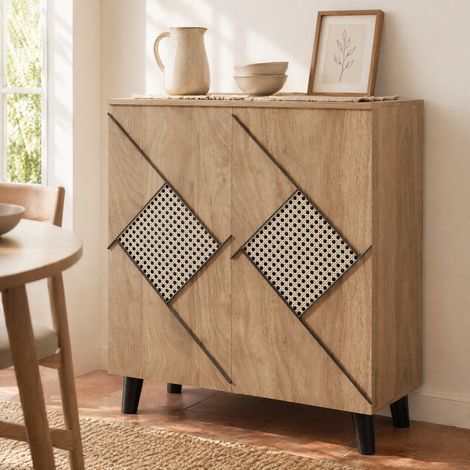 MEUBLIV Meuble à chaussures 80x32x91 cm décor bois – portes fermées et motif rotin décoratif (1/5)