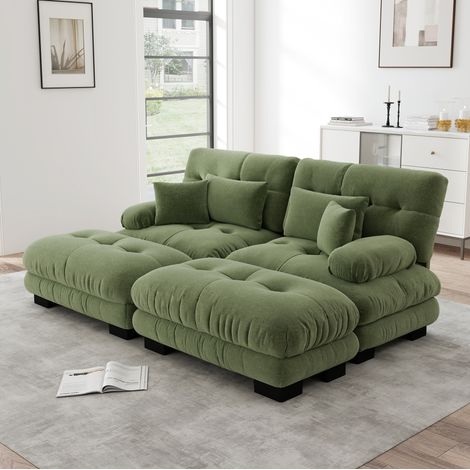 Divano modulare in chenille verde con 2 pouf mobili e cuscini lombari (1/5)
