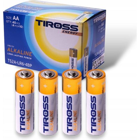 Baterías alcalinas Tiross LR6 AA, pack de 4 unidades, perfectas para un rendimiento duradero en dispositivos electrónicos.