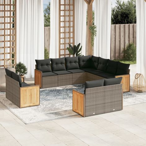 Canapé de Jardin 11 Pièces Résine Tressée Gris avec Coussins Déhoussables - Set Modulaire pour Terrasse (1/5)
