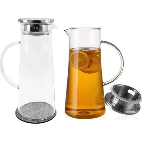 Lot de 2 carafes en verre borosilicate 1,5 L avec couvercle acier inoxydable, bec anti-goutte, pour eau, thé, jus, café (1/4)