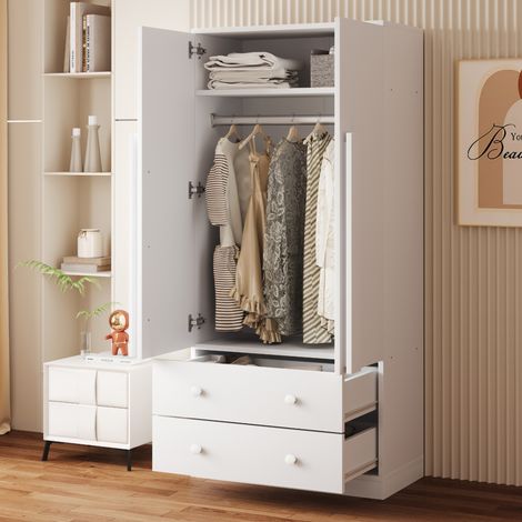 Kleiderschrank 70x40x170 cm weiß aus Holz mit Doppeltüren, 2 Schubladen und Ablagefach (1/5)