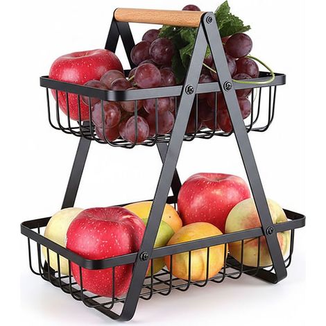 1 corbeille à fruits, 2 niveaux, métal, poignée en bois, noir, rangement cuisine, 34x26x17 cm (1/5)