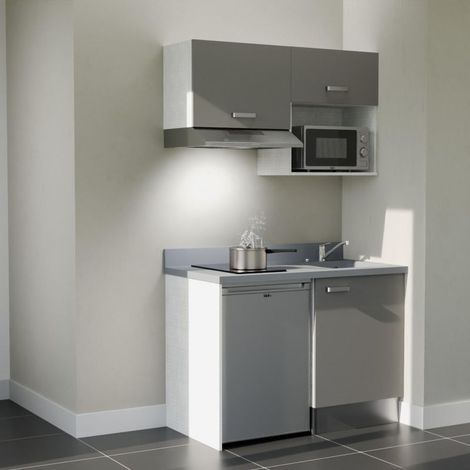 Kitchenette K02L - 120 cm - plan monobloc évier intégré Cromo- évier à droite - Façades Gris + Electroménager inclus coloris Inox