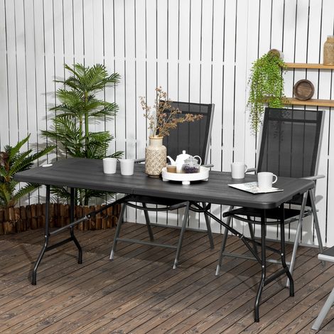 Tavolo da esterno Outsunny, tavolo da giardino, per 6 persone, pieghevole, effetto legno, grigio scuro, 180 x 75,5 x 73 cm
