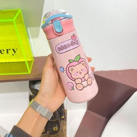 Gourde Bouteille d'Eau Thermos Portable avec Paille pour Enfant, Tasse Thermique en Acier Inoxydable,rose 480ml