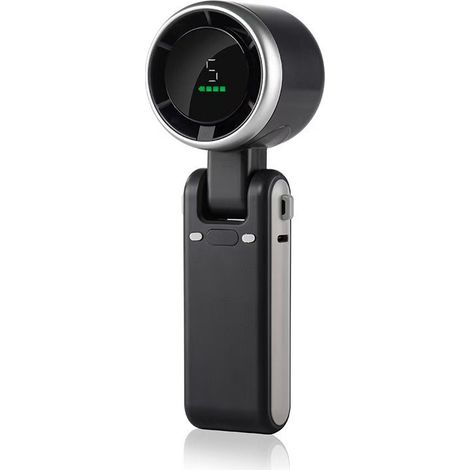 Schwarzer tragbarer Ventilator mit 5 einstellbaren Windgeschwindigkeiten, 1800 mAh wiederaufladbarem Akku und bürstenlosem Motor. (1/5)