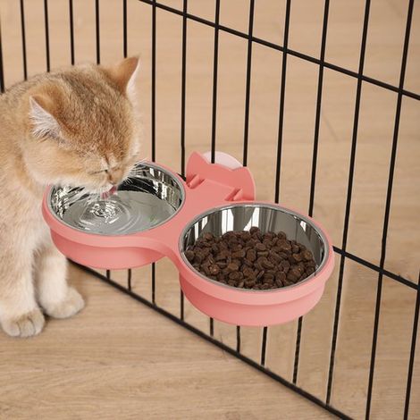 Ciotola doppia in acciaio inox da appendere alla gabbia per animali domestici, colore rosa (1 pezzo) (1/5)