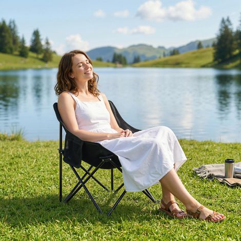 Chaise de camping pliable, structure en acier, assise en tissu, sac de transport, noire