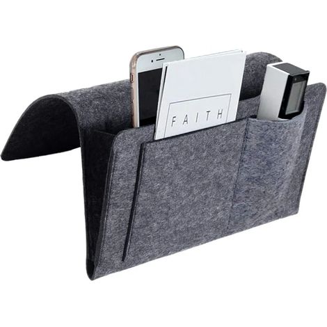 Bolsa colgante para cama, organizador de cama de fieltro para cama, sofá-cama y mesita de noche, fieltro grueso para libros, revistas, iPad, teléfono móvil y control remoto (1/4)