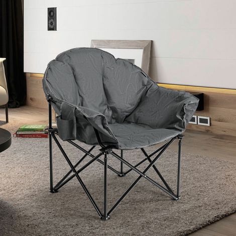 COSTWAY Campingstuhl Gepolsterter Moon Chair, Faltstuhl Rund mit Becherhalter, Klappstuhl Mondstuhl fuer Camping Angeln Draussen 82x62x90cm Grau
