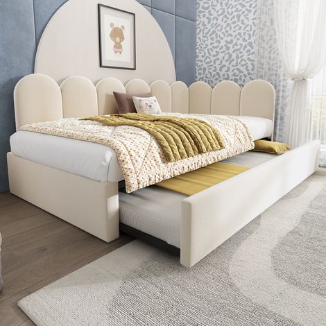 REDOM Lit gigogne 90x190/90x200 cm, avec sommier à lattes, tissu velours, beige(sans matelas)