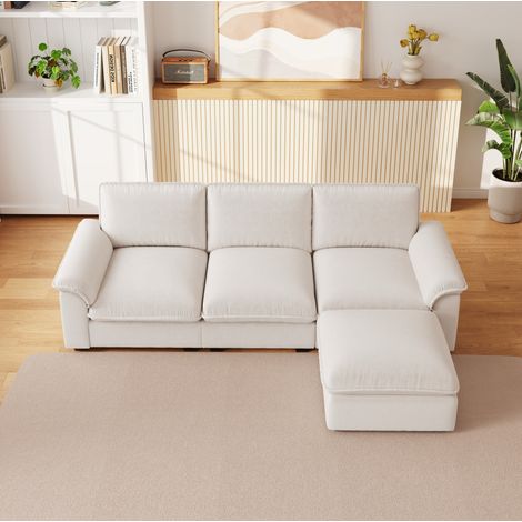 Sofá rinconera modular de 4 plazas con otomana, 260 x 154 x 86 cm, chenilla beige DESVIAE (1/5)