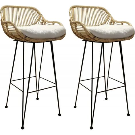 Lot de 2 tabourets de bar en rotin naturel et métal noir – Hauteur d'assise 75 cm – Design vintage chic pour intérieur élégant – Meubletmoi (1/3)