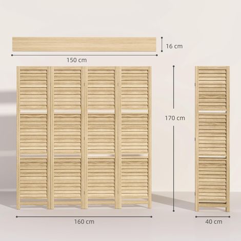 Paravent intérieur 4 panneaux 160L x 170H cm 3 étagères pliables séparateur de pièce portes persiennes naturel (1/5)