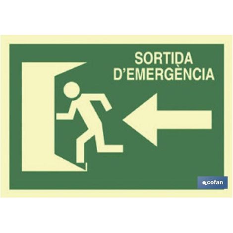 Señal luminiscente sortida d'emergència 297x210 mm con texto y pictograma.