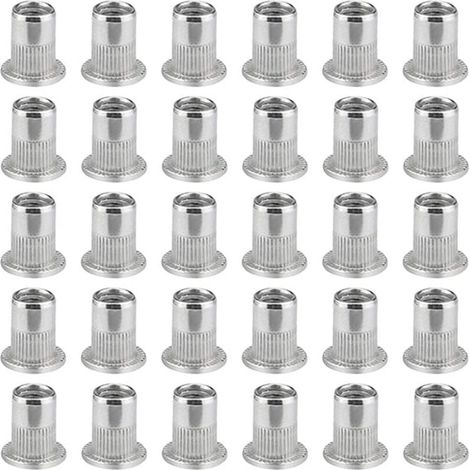100 pièces d’écrous-rivets à tête plate M6 en acier inoxydable – inserts filetés plats pour fixation sur matériaux minces (tôles, plaques, panneaux) – résistants à la corrosion, haute précision, livré