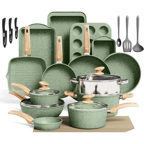 Ensemble de casseroles et poêles 30 pièces, revêtement antiadhésif granit, induction, vert (1/5)